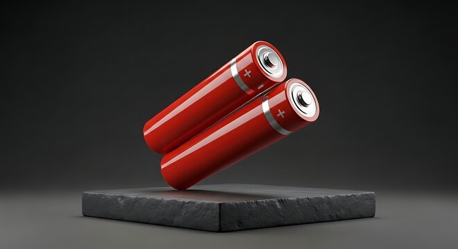 A close-up studio shot of 2 aa batteries standing on a textured black stone platform against a clean dark grey background for professional energy concepts