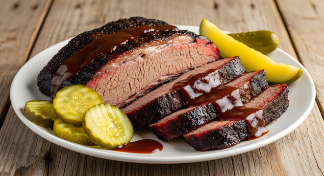 Thick slices of smoked beef brisket covered in savory barbecue sauce served on a plate with fresh pickle slices