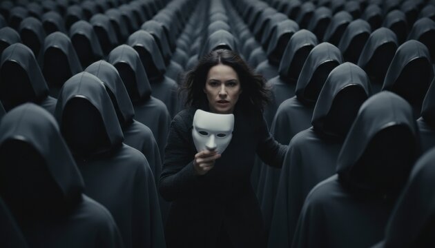Determined woman holding white theatrical mask while standing amidst large group of mysterious hooded figures in grey