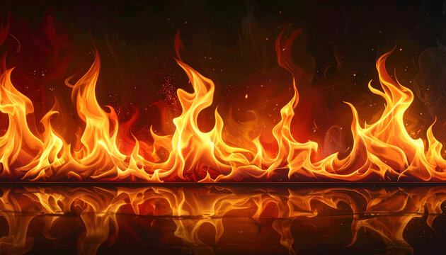 A vibrant and dynamic illustration depicts intense flames dancing above a reflective surface, creating a mesmerizing display of heat and light.