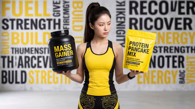 Young woman in yellow sportswear holding mass gainer and protein pancake mix with fitness words