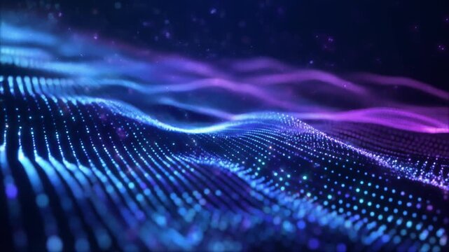 Abstract glowing blue and purple particles flow like optical fibers, shimmering pulses in slow motion, dynamic waves of futuristic energy connectivity.