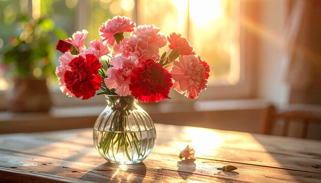 鮮やかな赤いカーネーションの切り花とガラスの花瓶