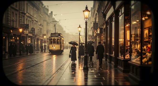 Vintage cityscape of a rainy street with a tram, gas lamps, and pedestrians