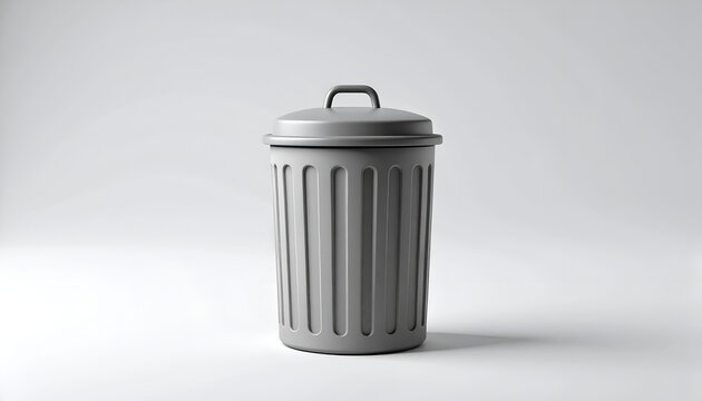 A simple, gray trash can stands prominently against a neutral background, showcasing its utilitarian design.