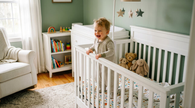 Happy Toddler Standing in Crib Inside Cozy Modern Nursery Bedroom