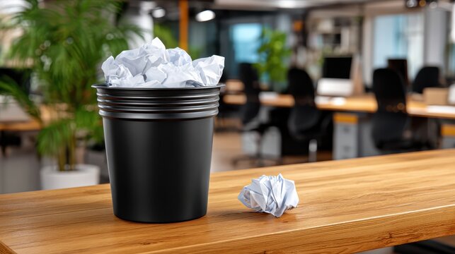 A black trash bin filled with crumpled paper sits on a wooden desk in a modern office with blurred chairs and plants in the background.