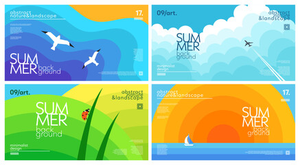Set of landscape summer horizontal backgrounds with sea or ocean and seagulls, grass and ladybug, sun and yacht, clouds and airplane. Simple nature gradient geometric design for cover, banner, print © Anastasiya Stoma