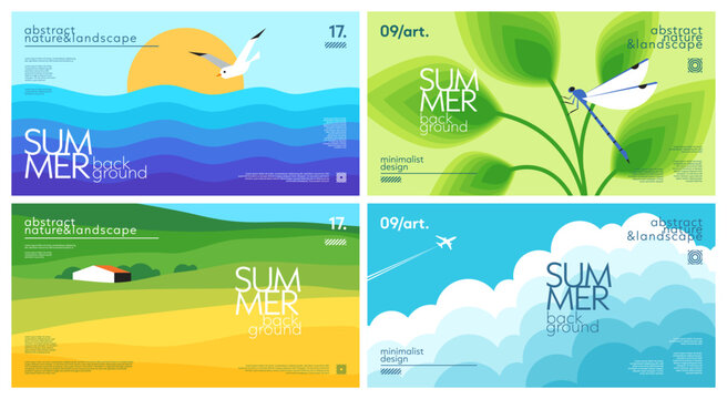 Set of landscape summer horizontal backgrounds with sea or ocean and seagull, plant and dragonfly, clouds and airplane, hills and building. Simple nature gradient geometric design for cover, banner