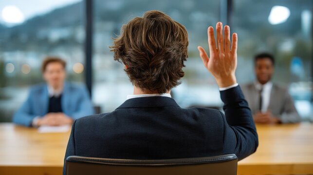 A man raises his hand during a professional interview with two interviewers sitting across the table in a modern office setting.