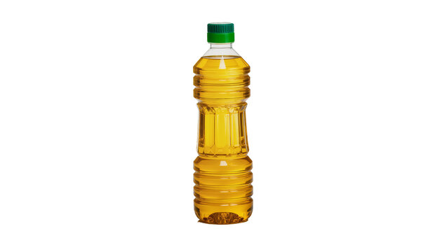 Clear plastic bottle filled with golden yellow cooking oil and green cap