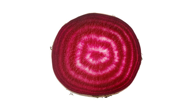 Sliced vibrant red beet revealing concentric rings and root end