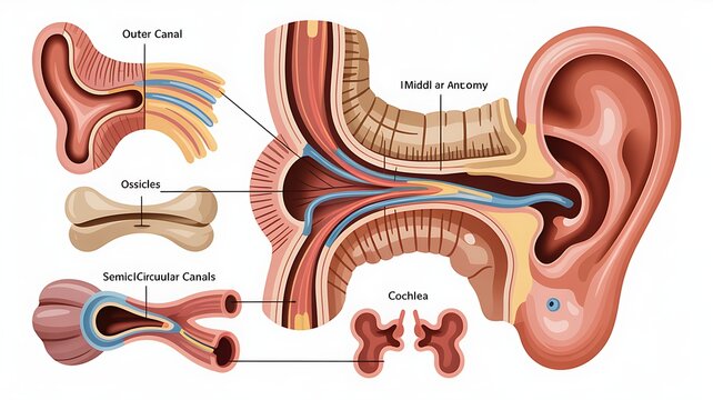 Detailed ear anatomy cross section educational medical illustration high resolution Picture
