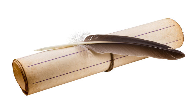 Antique rolled parchment scroll with feather quill pen