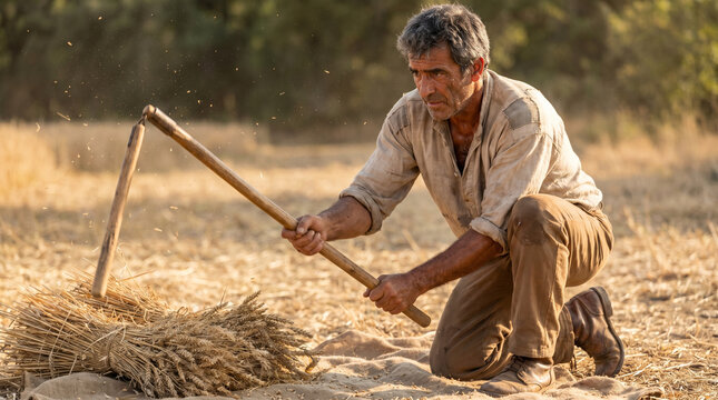 Man threshing wheat by hand in a field during summer  