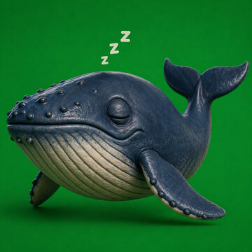 Sleepy whale with closed eyes on green background &ndash; cute animal character, greenscreen, high-resolution 3D render