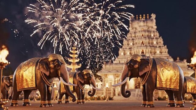 Vibrant night thrissur pooram with muthukkuda elephants and fireworks at vadakkumnathan, kerala.