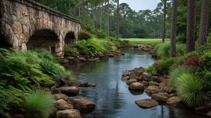 Fototapeta premium Serene Landscape with Stone Bridge Over Tranquil Stream Surrounded by Lush Greenery and Colorful Flowers