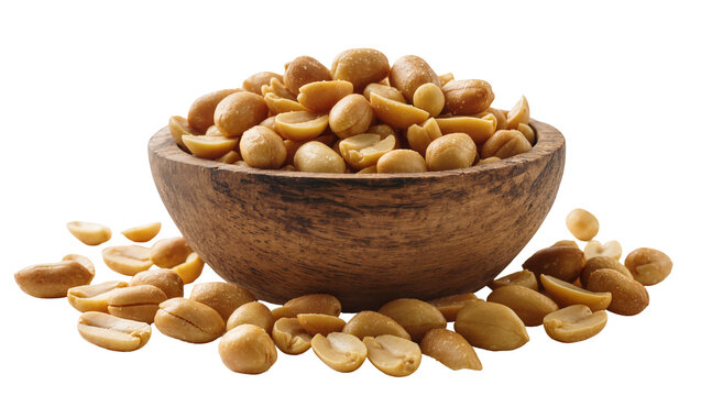 Roasted salted peanuts overflowing from rustic wooden bowl