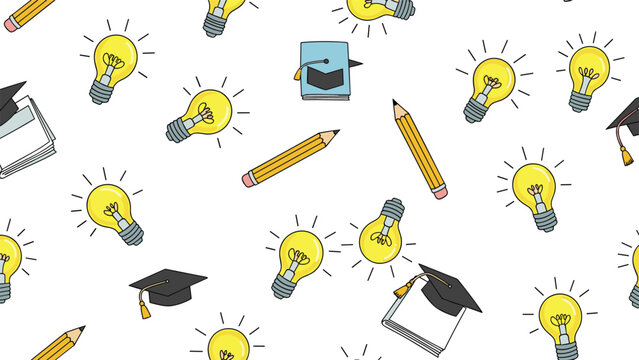 Academic seamless pattern featuring glowing yellow light bulbs, pencils, open books, and graduation caps for education themes.