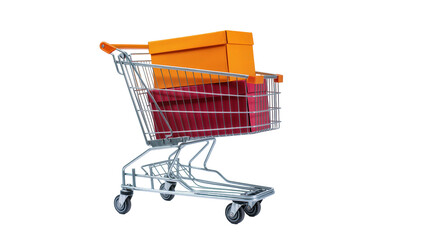 Silver Metal Shopping Cart Filled with Orange and Maroon Fabric Boxes © Fried