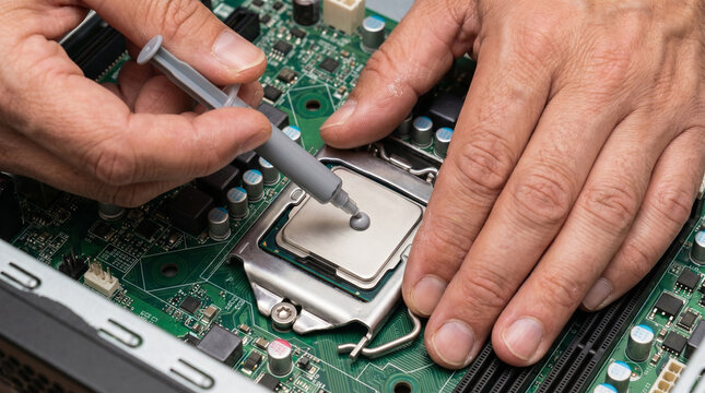 Hands applying thermal paste to computer CPU on motherboard 