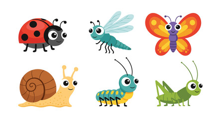 Naklejka premium Collection of colorful cartoon insects including a ladybug butterfly dragonfly snail caterpillar and grasshopper for children learning.