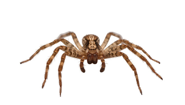 Brown furry spider with eight legs and dark markings close up