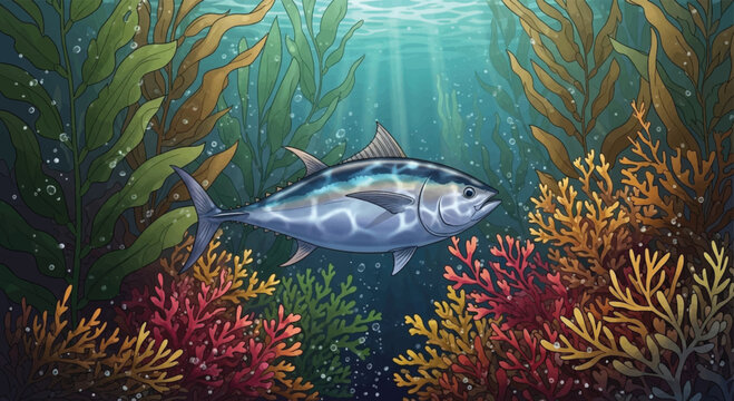 Tuna fish, underwater scene, colorful coral reef, ocean illustration, seaweed