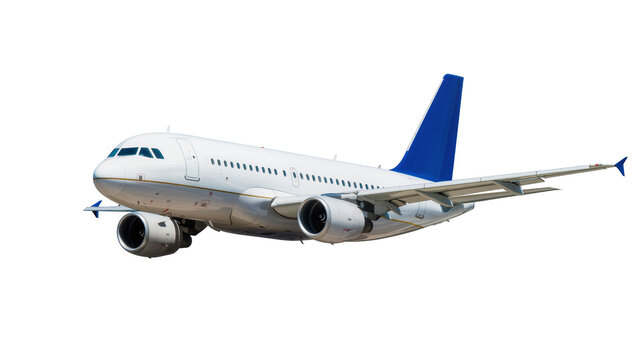 Sleek passenger airplane with blue vertical stabilizer in flight