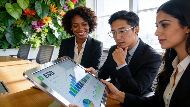Business Colleagues Examining ESG Rating Chart on Digital Slab Display in Biophilic Workspace