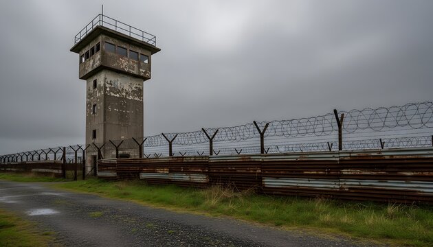 Long kesh prison watchtower and barbed wire fence in northern ireland, symbolizing the ira struggle and political incarceration history for a conflict and division concept
