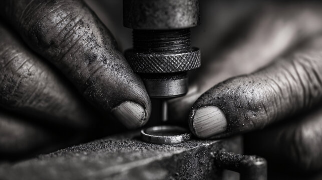 Skilled artisan hands crafting ring, using precision metalworking tools in workshop Professional jeweler working on jewelry piece with focus and dedication Concept of craftsmanship, tradition, and qua