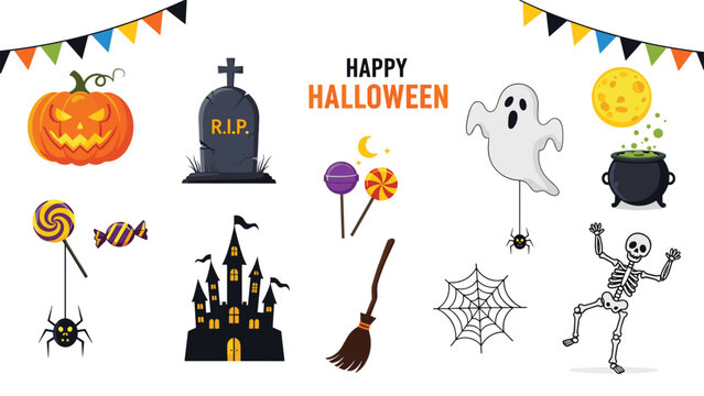 Halloween design elements collection featuring spooky characters like ghost, skeleton, haunted castle, and pumpkins on white background.