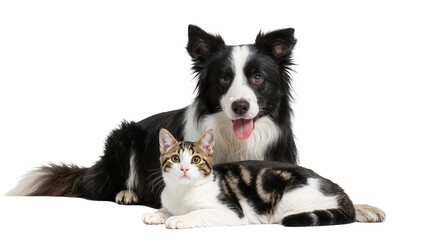 Fototapeta premium Black and White Border Collie with Tabby Kitten Resting Together