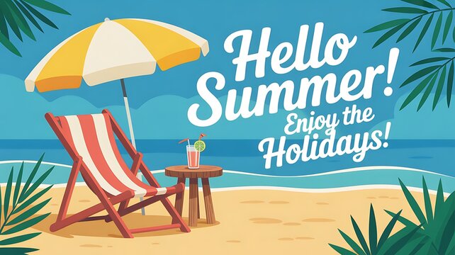 Hello summer beach holiday banner with tropical leaves umbrella chair and ocean wave background design