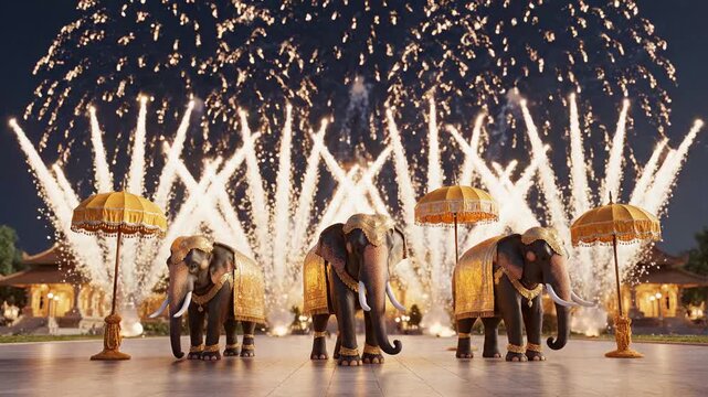 Elephants with muthukkuda celebrate thrissur pooram under a golden firework sky at vadakkumnathan.