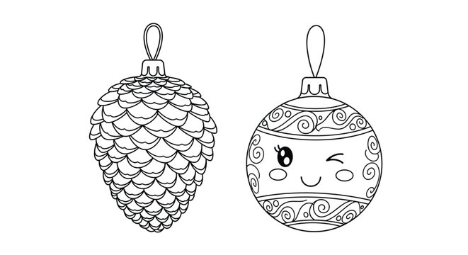 Two christmas ornaments featuring a pinecone design and a round ball with a winking face are shown in line art.