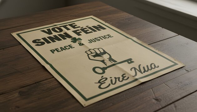 Vintage Sinn Fein election poster from the 1980s on a wooden table for Irish Republicanism and IRA political movement concept, featuring Peace and Justice slogans