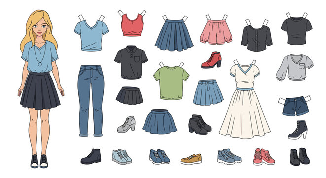 Paper doll kit for kids featuring a young girl character and various trendy clothing items like skirts, tops, and shoes.