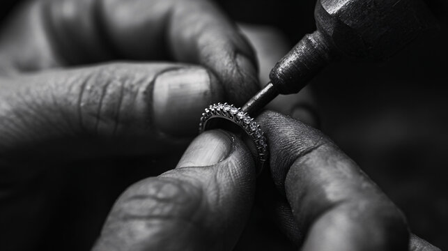 Jeweler hands setting diamonds into ring, crafting luxury jewelry in workshop Professional goldsmith working with precision tools on engagement band Concept of craftsmanship, quality, and artisan skil