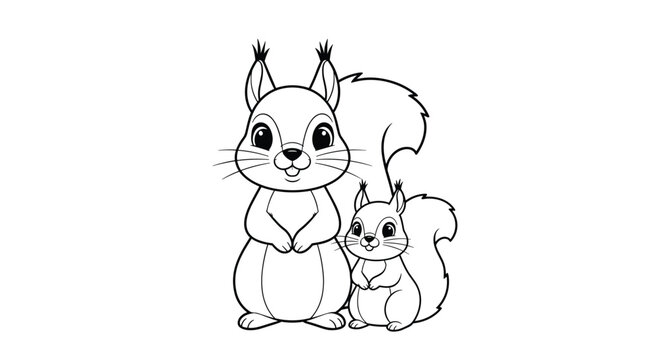 Cute mother and baby squirrel line art illustration featuring a pair of forest animals standing together.