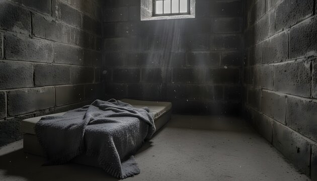 Interior of a desolate prison cell with a blanket on a mattress representing the historical IRA blanket protest concept for justice and human rights in a cinematic atmosphere