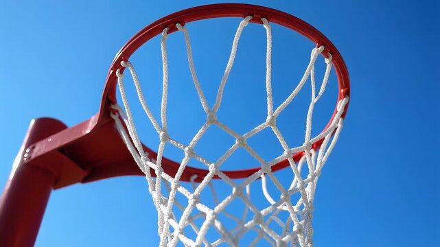 Red Netball Hoop and White Net Against Clear Blue Sky Backdrop