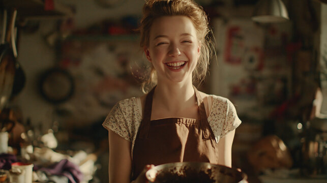 Woman laughing in kitchen holding bowl of batter