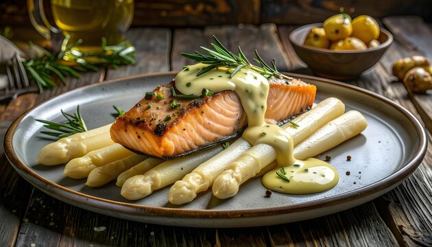 Gebratener Lachs mit wei&szlig;em Spargel,Rosmarin und Sauce 