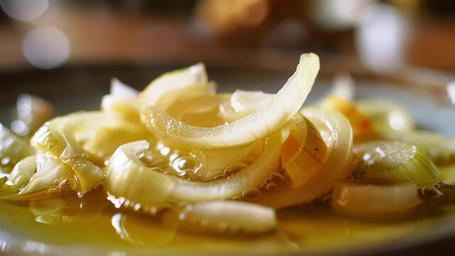 Caramelized onion rings glisten in oil on a dark pan with warm bokeh kitchen background. Concept of homemade comfort cooking