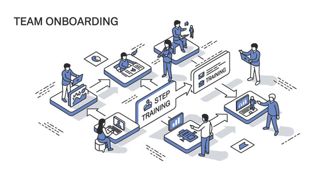 Team onboarding, employee integration, business workflow, office teamwork, flat design icons