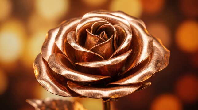 A handcrafted rose made from hammered copper or bronze. The metal petals feature a polished, reflective finish with visible texture from the forging process, and the stem includes realistic thorns.