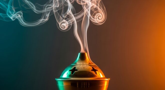Traditional Arabic Brass Mabkhara Incense Burner with Thick Elegant White Smoke Swirling at Dakhraini Festival, Middle Eastern Heritage Fragrance